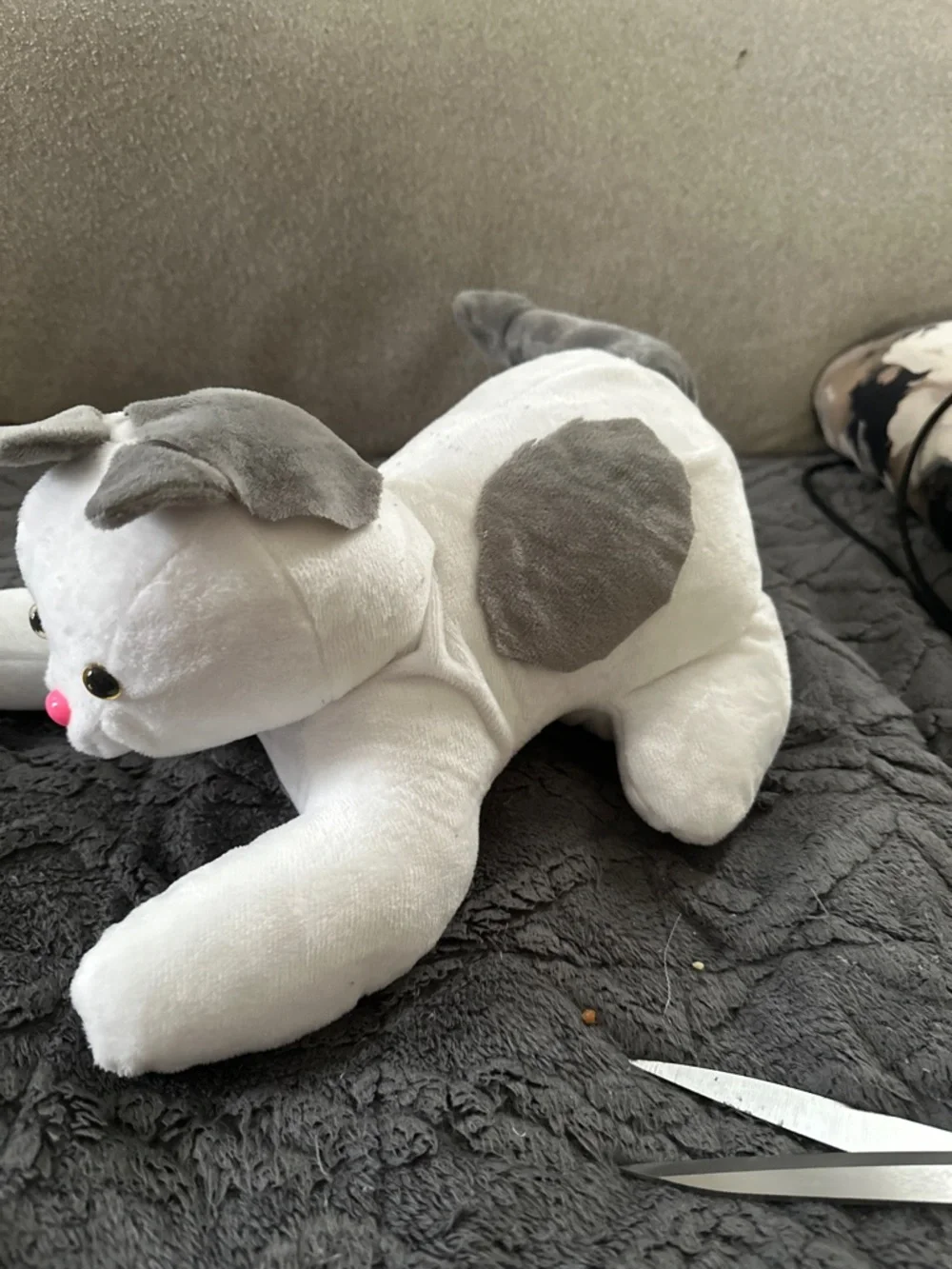 Handmade Plush White and Gray Cat Toy with Pink Nose - Soft Pet Playmate